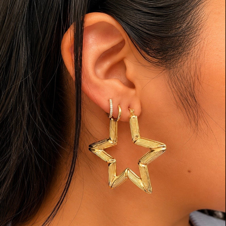 10K Gold Bamboo Star Hoop Earrings – Ribbed Hollow Design