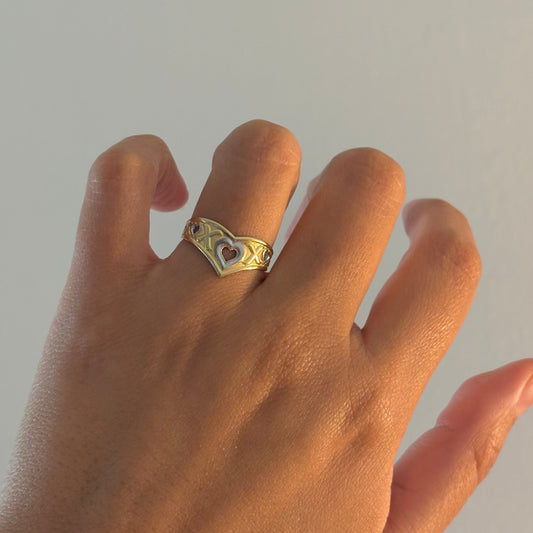 10K Yellow Gold Chevron Heart Ring XOXO