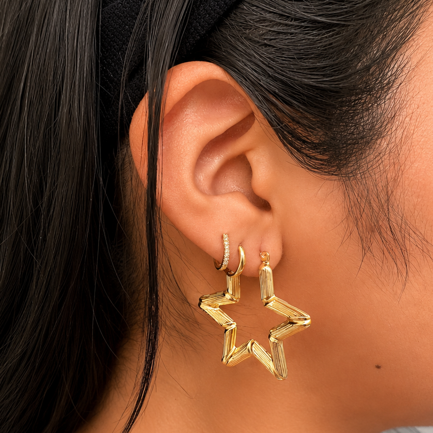10K Gold Bamboo Star Hoop Earrings – Ribbed Hollow Design
