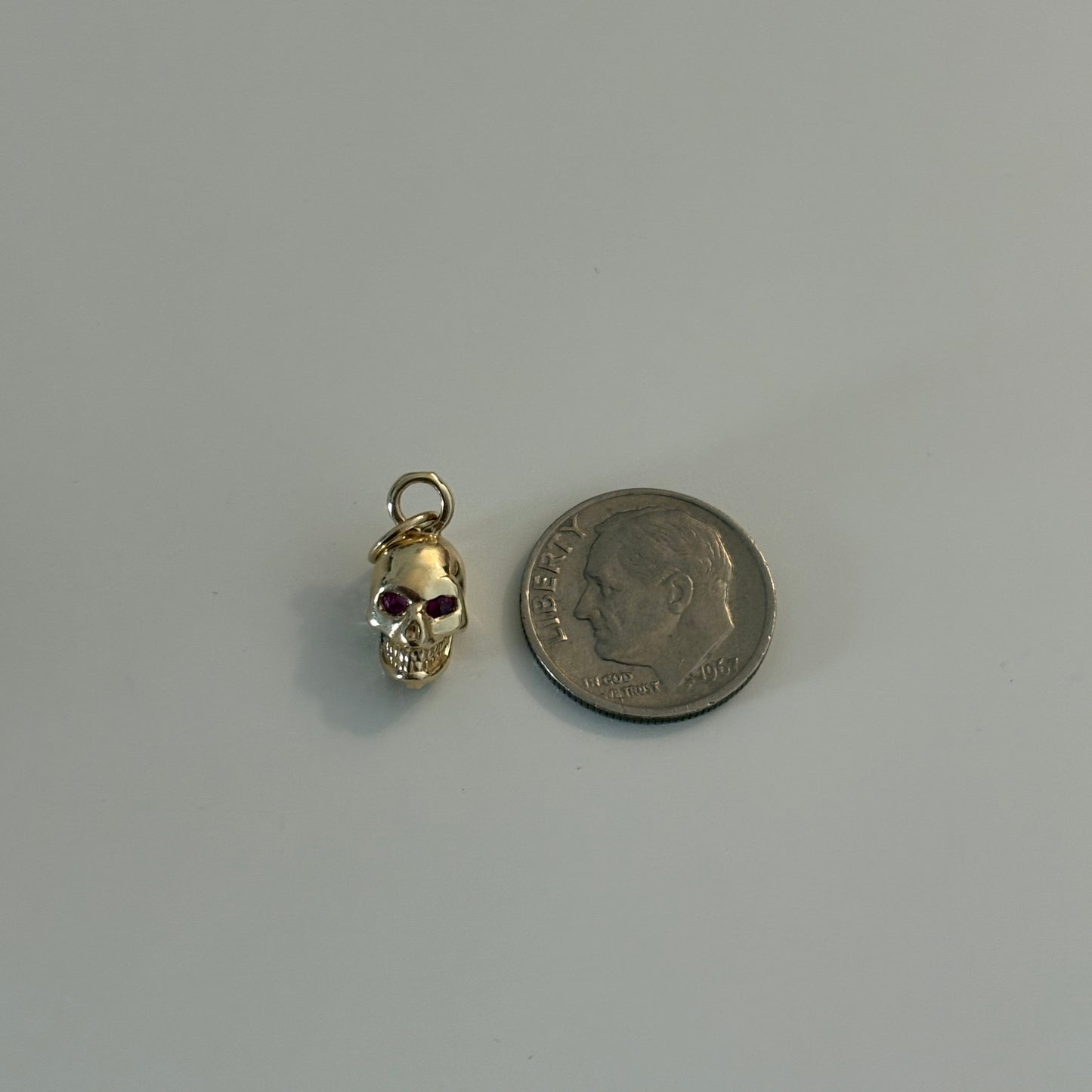 14K Yellow Gold 3D Skull Charm with Ruby Eyes