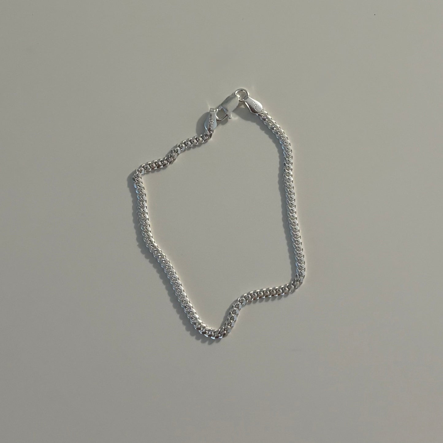 A delicate silver chain necklace with a lobster clasp, laid flat on a light gray surface. Other jewelry pieces are partially visible at the top edge of the frame.