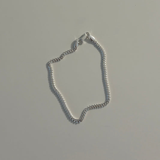 A delicate silver chain necklace with a lobster clasp, laid flat on a light gray surface. Other jewelry pieces are partially visible at the top edge of the frame.