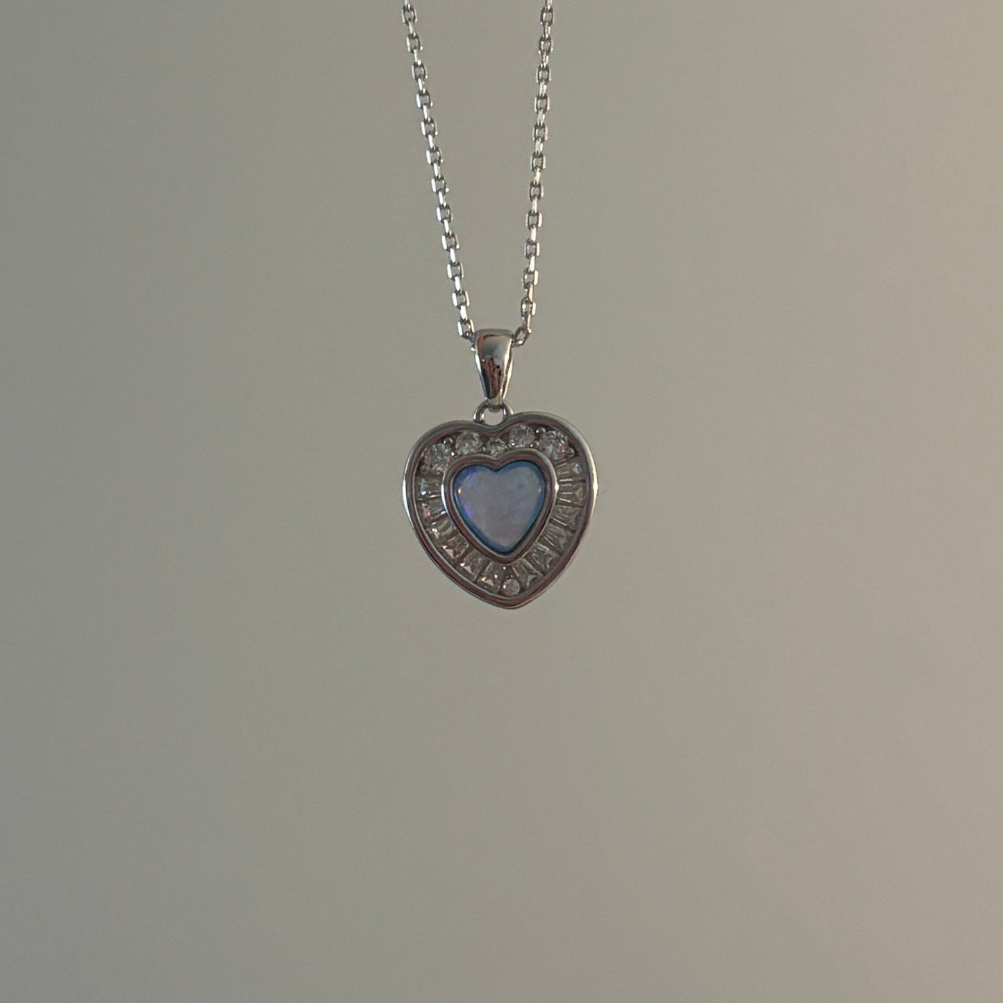Sterling Silver Blue Opal Heart Necklace with Cubic Zirconia Halo