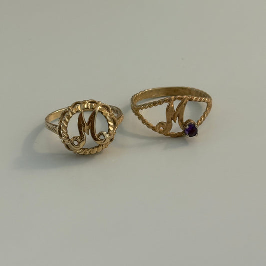 Vintage 14K Gold “M” Initial Rings – Amethyst Accent or Rope Border