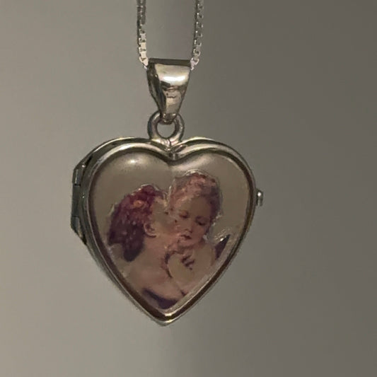 Sterling Silver Italian Heart Locket with Angel Kiss Motif & 18” Box Chain