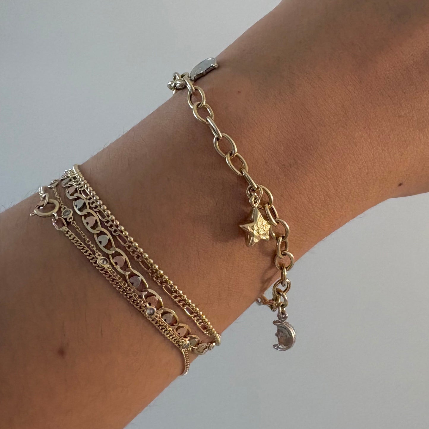 Italian 14K Yellow Gold Charm Bracelet Adjustable 8” Star Moon Ladybug Solid Gold