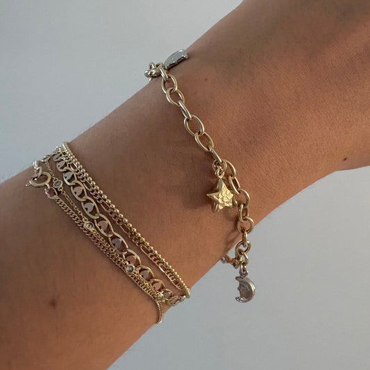 Italian 14K Yellow Gold Charm Bracelet Adjustable 8” Star Moon Ladybug Solid Gold