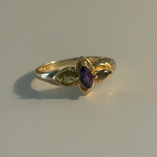 14K Gold Marquise Amethyst, Peridot & Smoky Quartz Ring