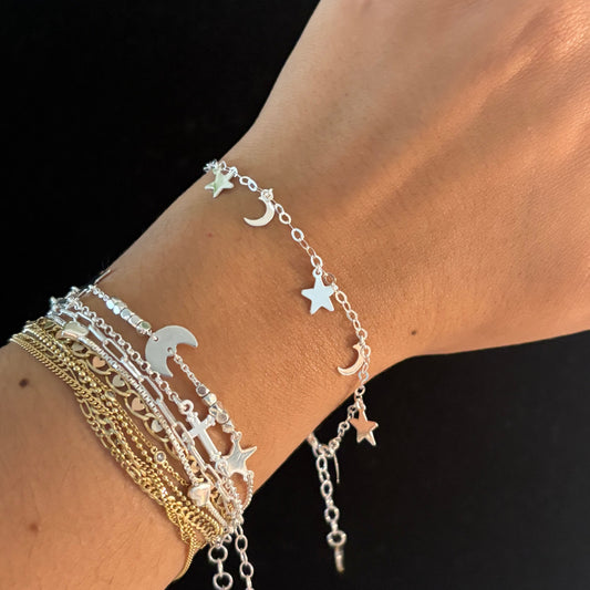 925 Sterling Silver Dangling Moon & Star Bracelet