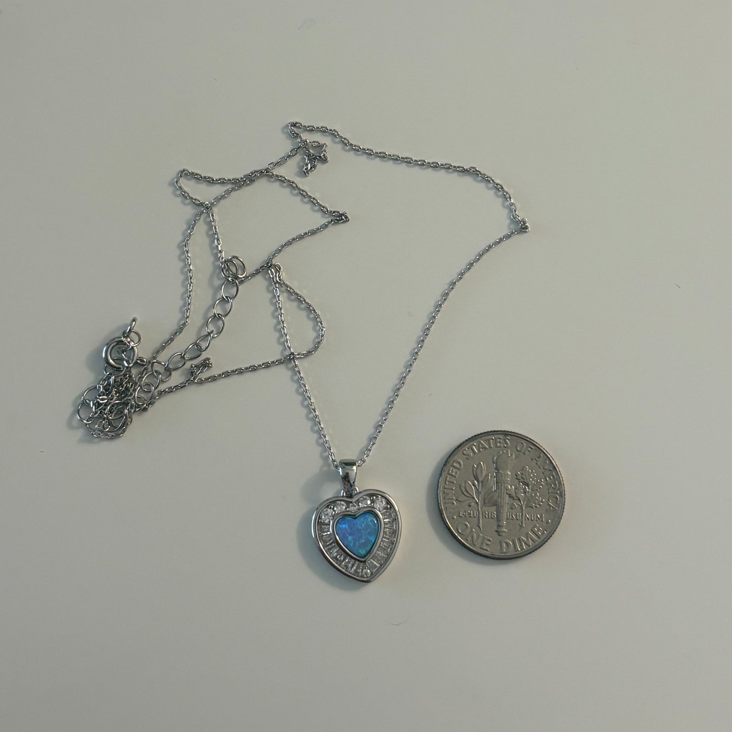 Sterling Silver Blue Opal Heart Necklace with Cubic Zirconia Halo