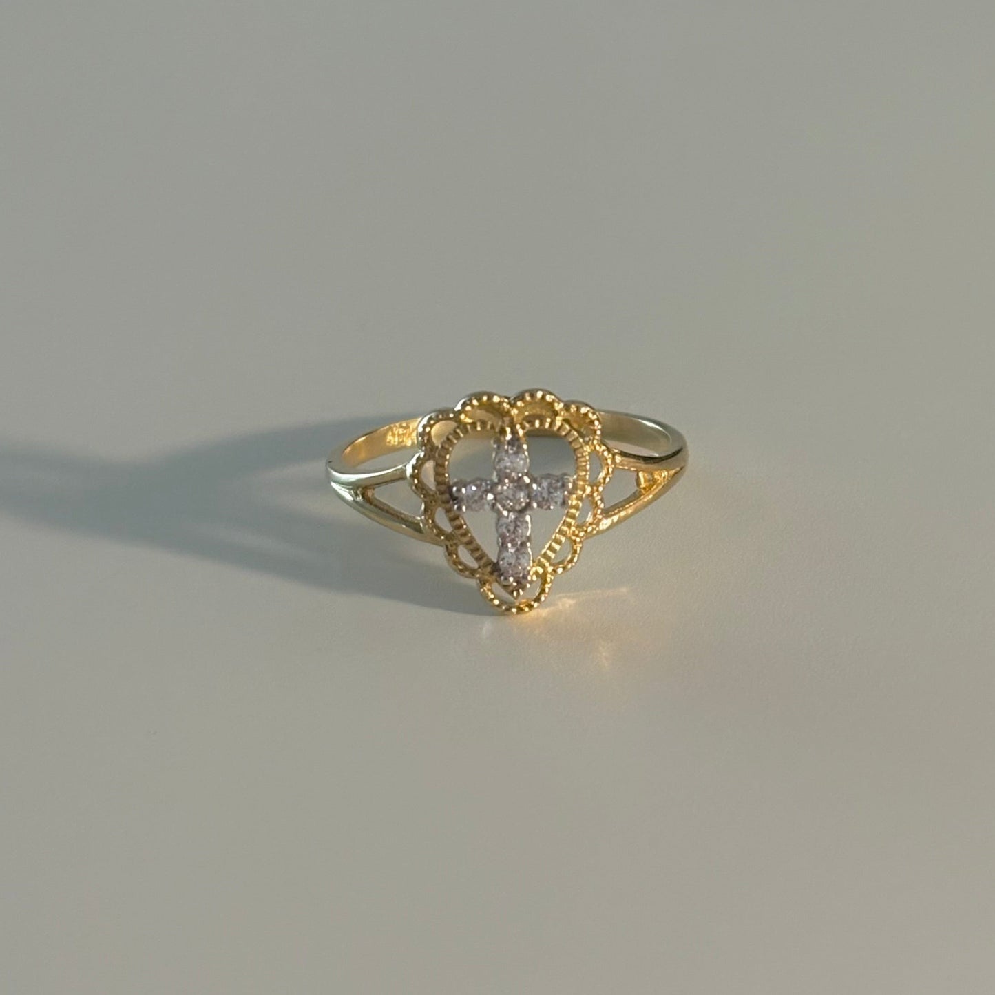 14K Yellow Gold Heart Cross Ring with Cubic Zirconia