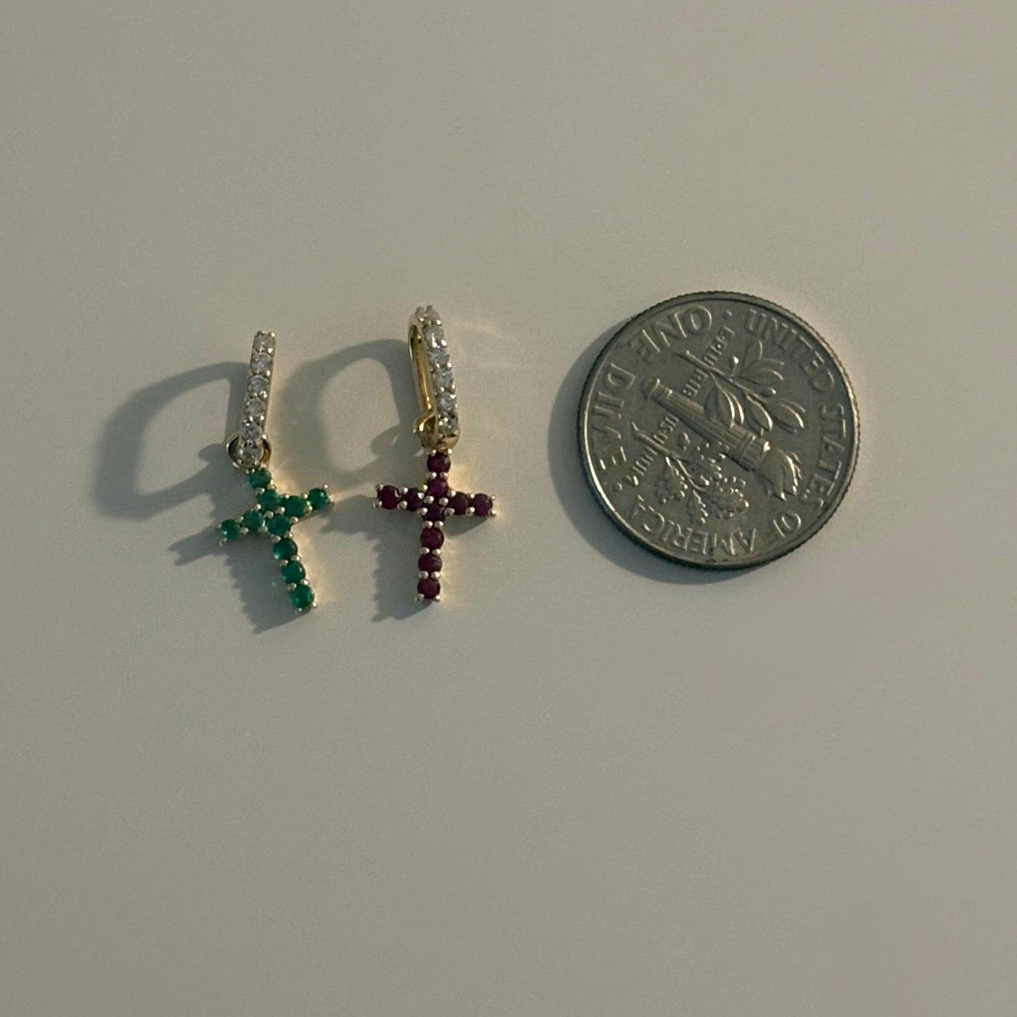 14K Yellow Gold Natural Ruby or Emerald Cross Pendant with Diamond Bail