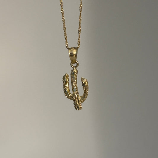 14K Yellow Gold Cactus Charm – Textured Desert Pendant