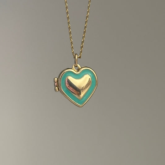 14K Gold Turquoise Enamel Heart Locket