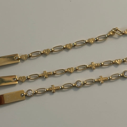 14K Gold ID Bracelets — Hearts, Cross & CZ, or Cross + Hearts (Engraving Included)