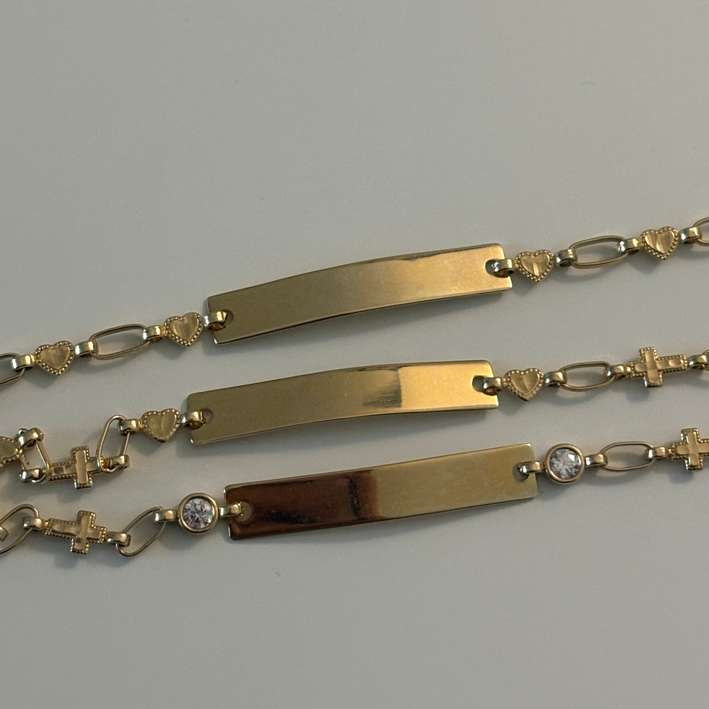 14K Gold ID Bracelets — Hearts, Cross & CZ, or Cross + Hearts (Engraving Included)