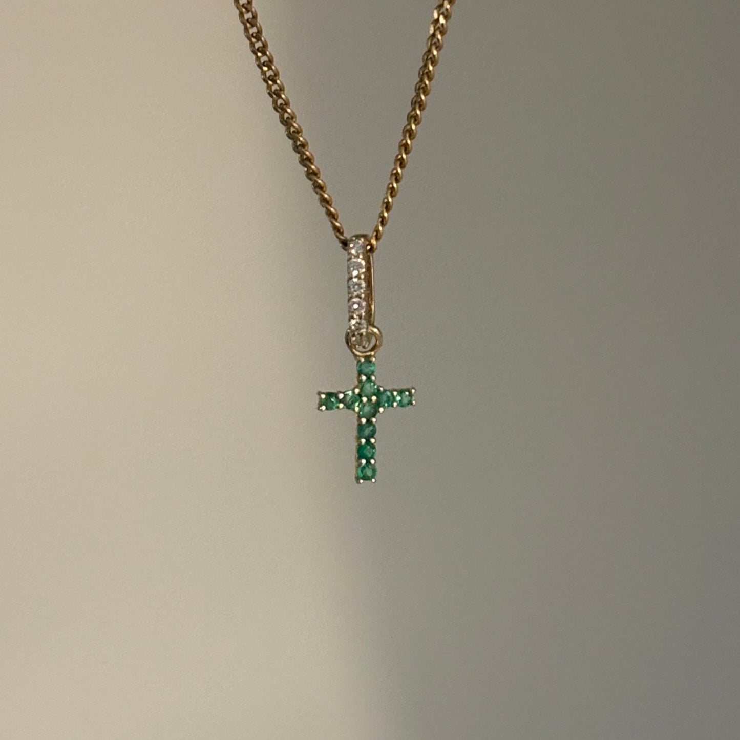 14K Yellow Gold Natural Ruby or Emerald Cross Pendant with Diamond Bail