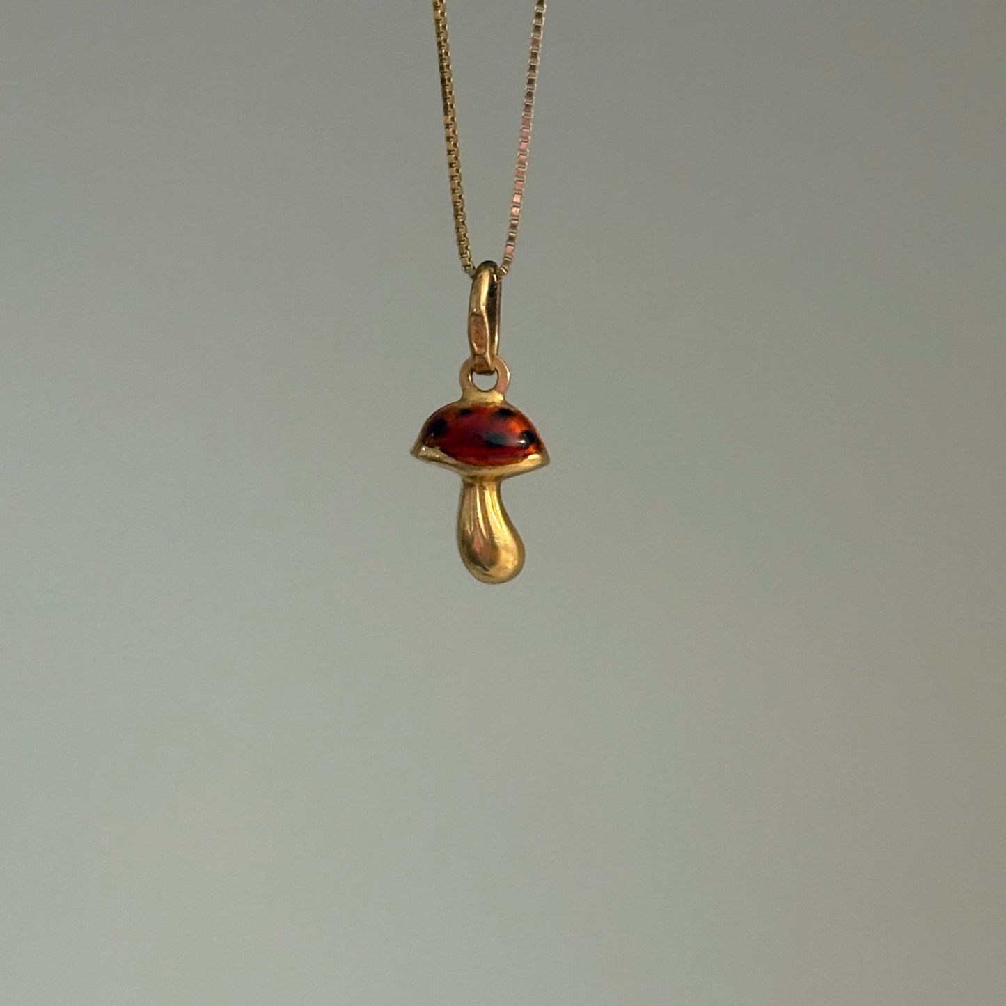 Vintage 18K Gold Mushroom Pendant with Red Enamel