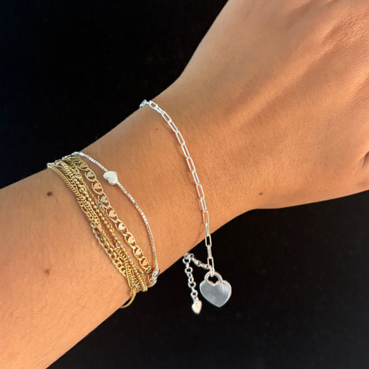 925 Sterling Silver Italian Paperclip Heart Bracelet