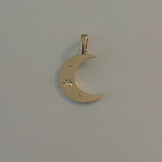 14K Gold Crescent Moon Starburst Charm