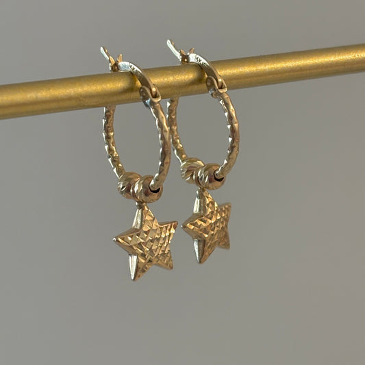14K Yellow Diamond-Cut Star Dangle Hoop Earrings