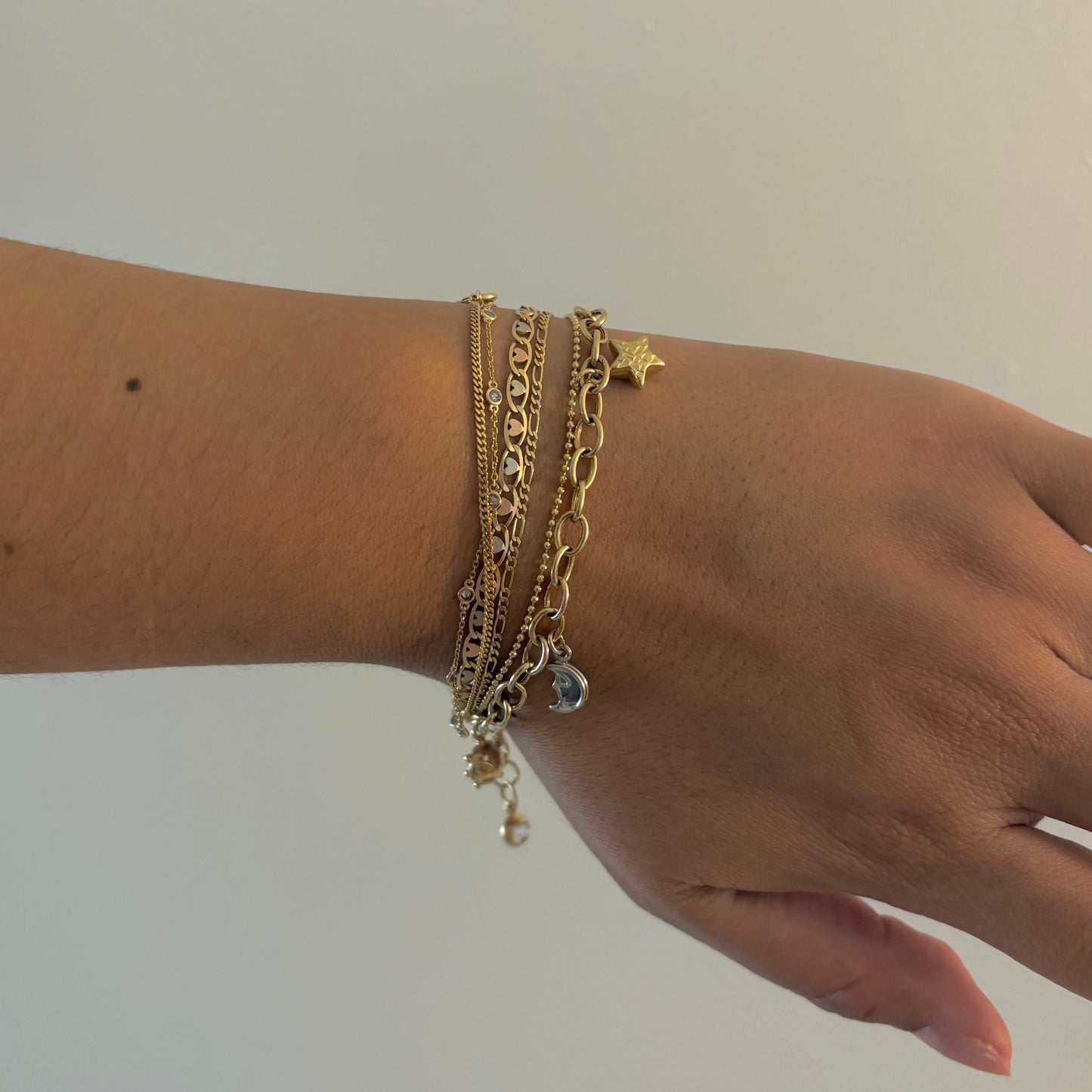 Italian 14K Yellow Gold Charm Bracelet Adjustable 8” Star Moon Ladybug Solid Gold