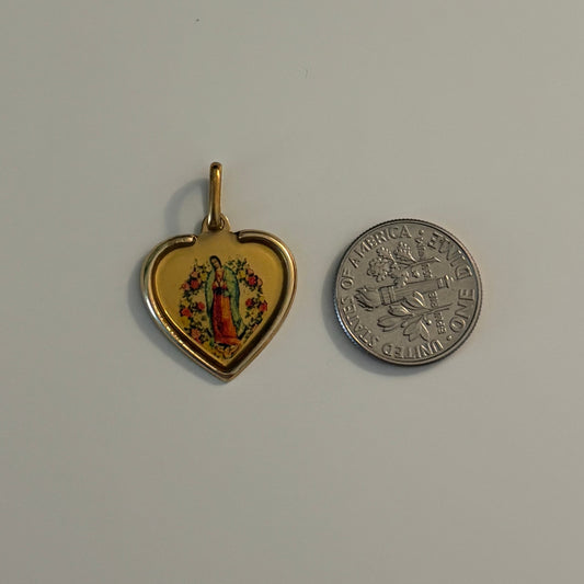 Vintage Italian Our Lady of Guadalupe Heart Pendant in 14K Gold