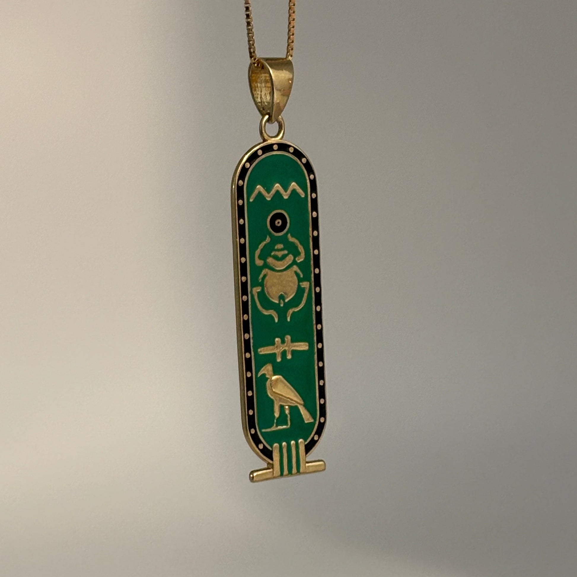 14K Gold Egyptian Cartouche Pendant with Green Black Enamel