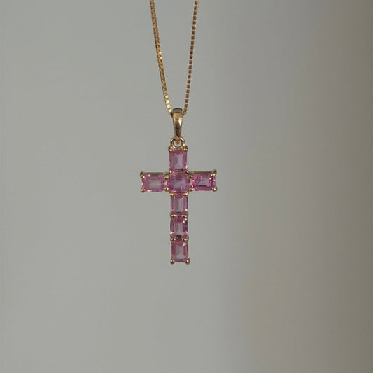 14K Pink Sapphire Cross Pendant – 1.64ct