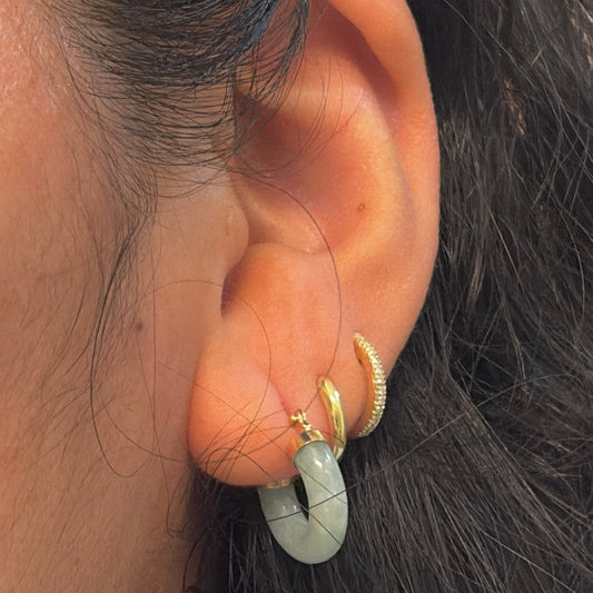14K Gold Mini Gemstone Hoop Earrings — Jade, Tiger’s Eye, or Mother of Pearl