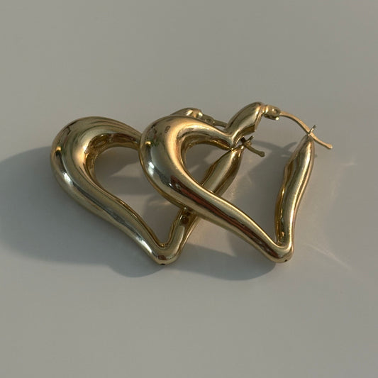 10K Yellow Gold Puffy Heart Hoop Earrings