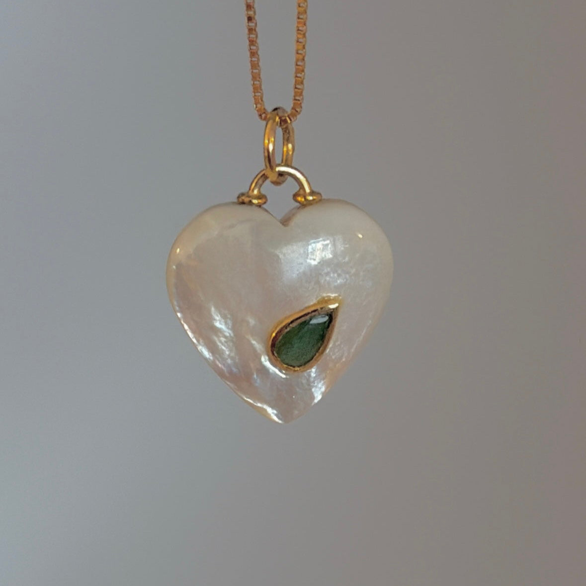 14K gold mother of pearl heart with pear emerald pendant 