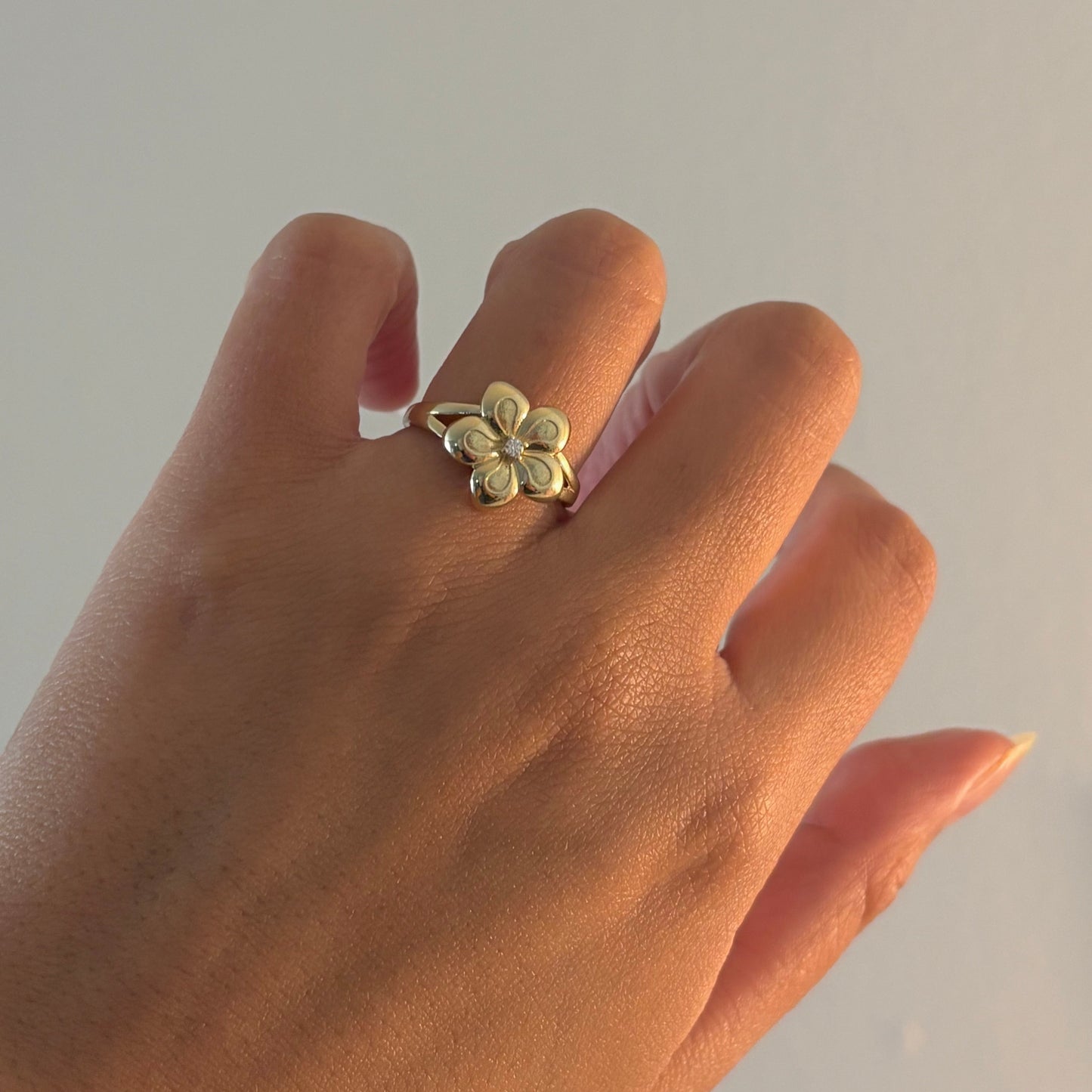 10K Yellow Gold Plumeria Flower Ring with CZ Center