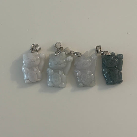 Jade Maneki Neko Lucky Cat Charm Pendant S925 Silver Bail