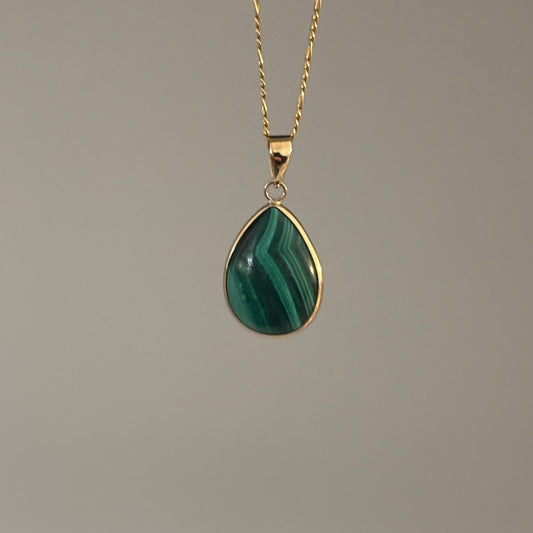 14K Gold Teardrop Malachite & Mother of Pearl Pendant