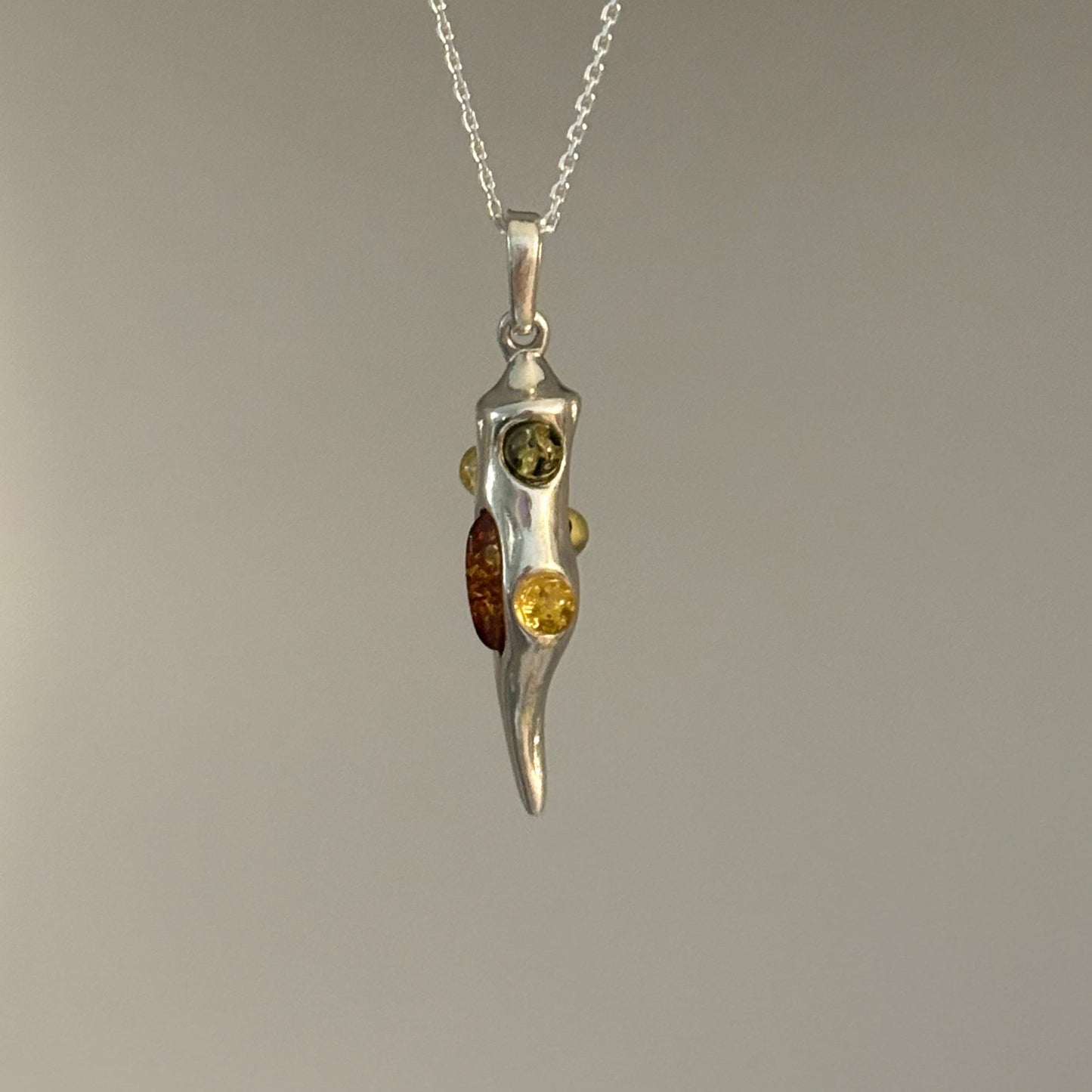 Sterling Silver Cornicello Pendant with Multicolor Amber | Italian Horn Charm | Green, Yellow & Cognac Amber
