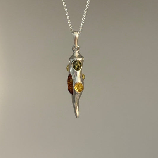 Sterling Silver Cornicello Pendant with Multicolor Amber | Italian Horn Charm | Green, Yellow & Cognac Amber