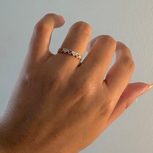 14K Gold Heart Ring with Red & Clear Cubic Zirconia