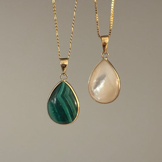 14K Gold Teardrop Malachite & Mother of Pearl Pendant