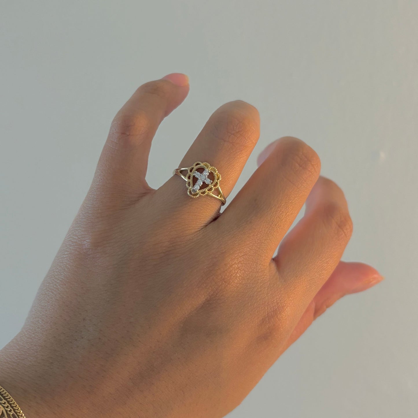 14K Yellow Gold Heart Cross Ring with Cubic Zirconia