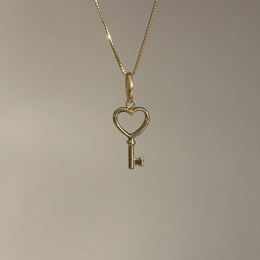 14K Solid Yellow Gold Heart Key Charm