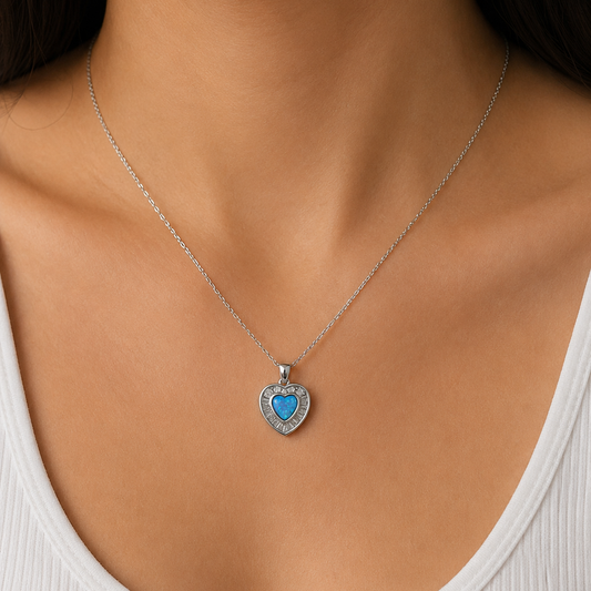 Sterling Silver Blue Opal Heart Necklace with Cubic Zirconia Halo