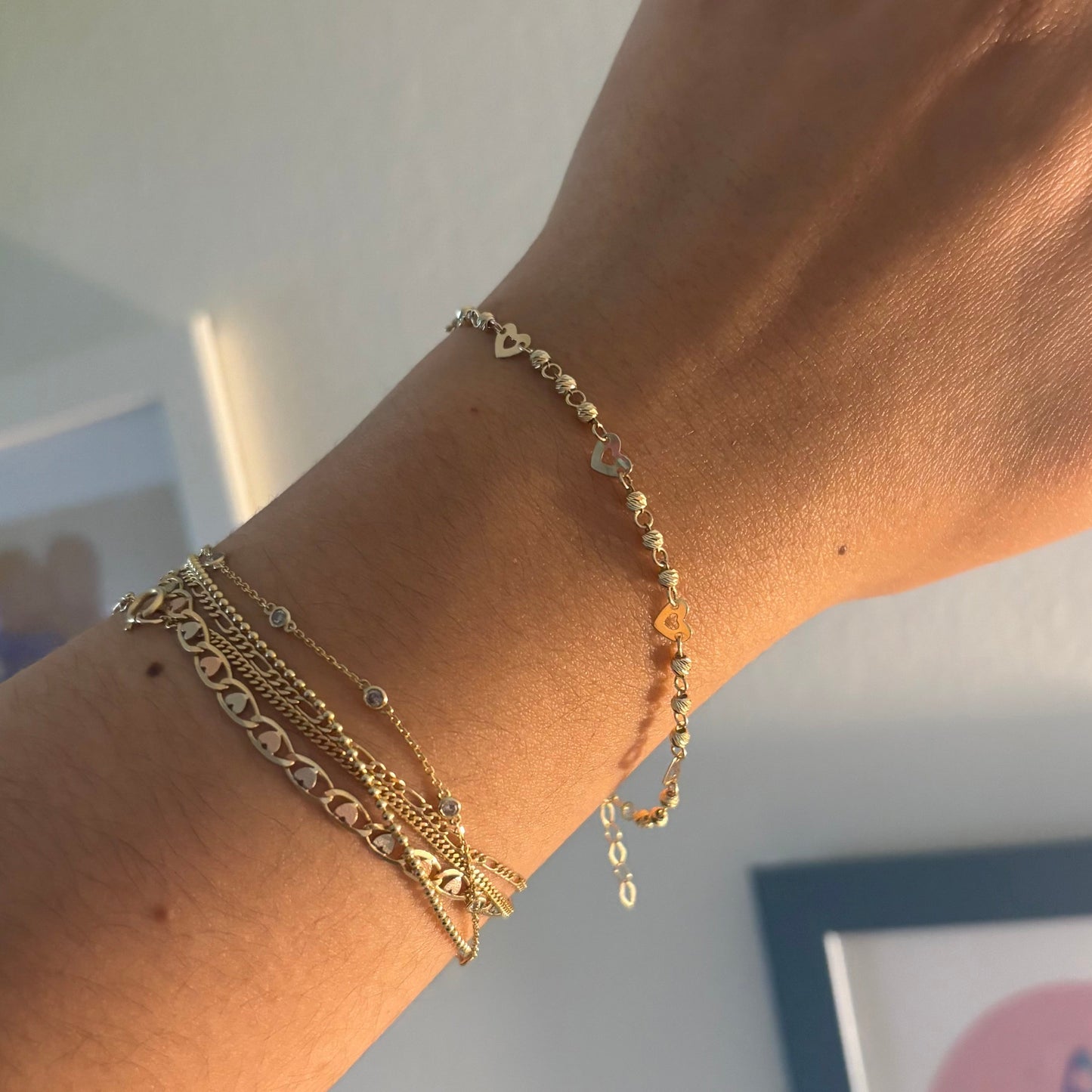 14K Yellow Gold Diamond-Cut Bead & Heart Bracelet