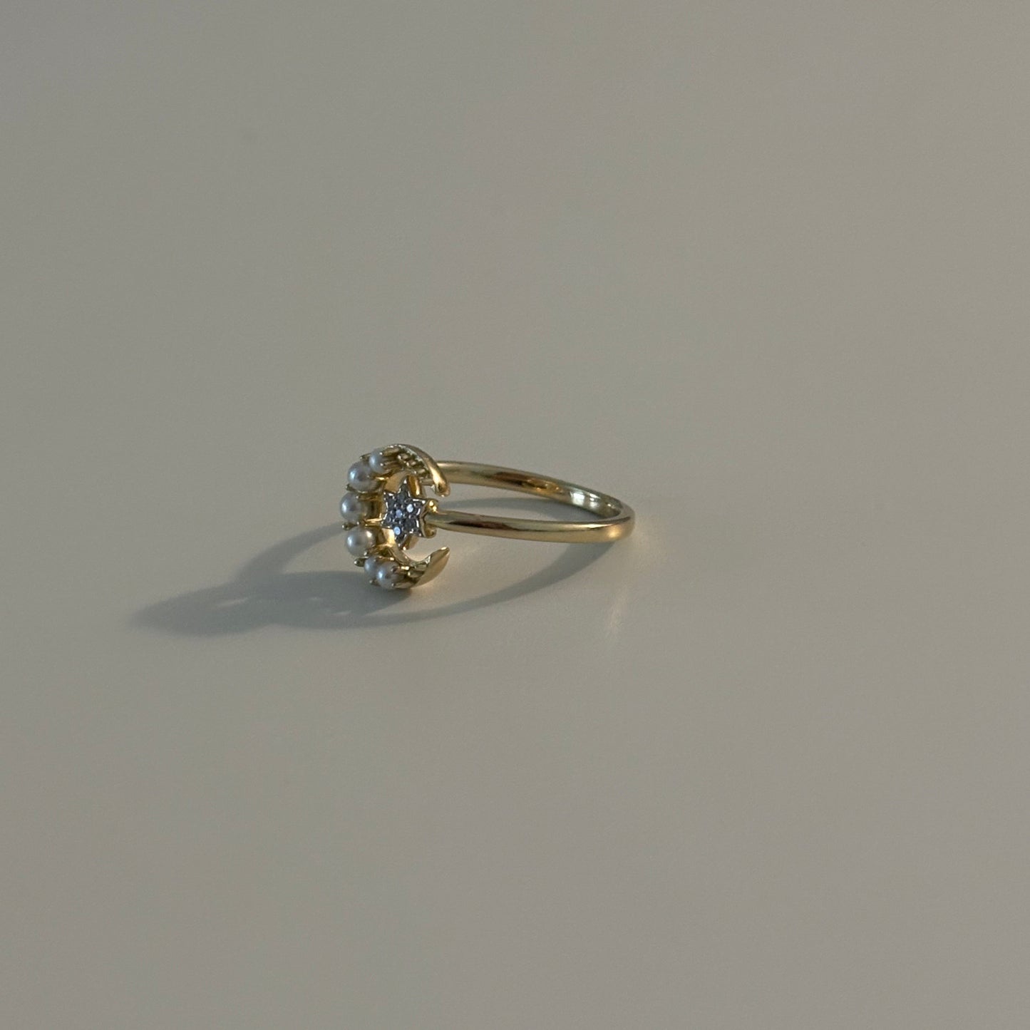 10K Yellow Gold Crescent Moon Ring with Diamond Star & Cultured Pearls