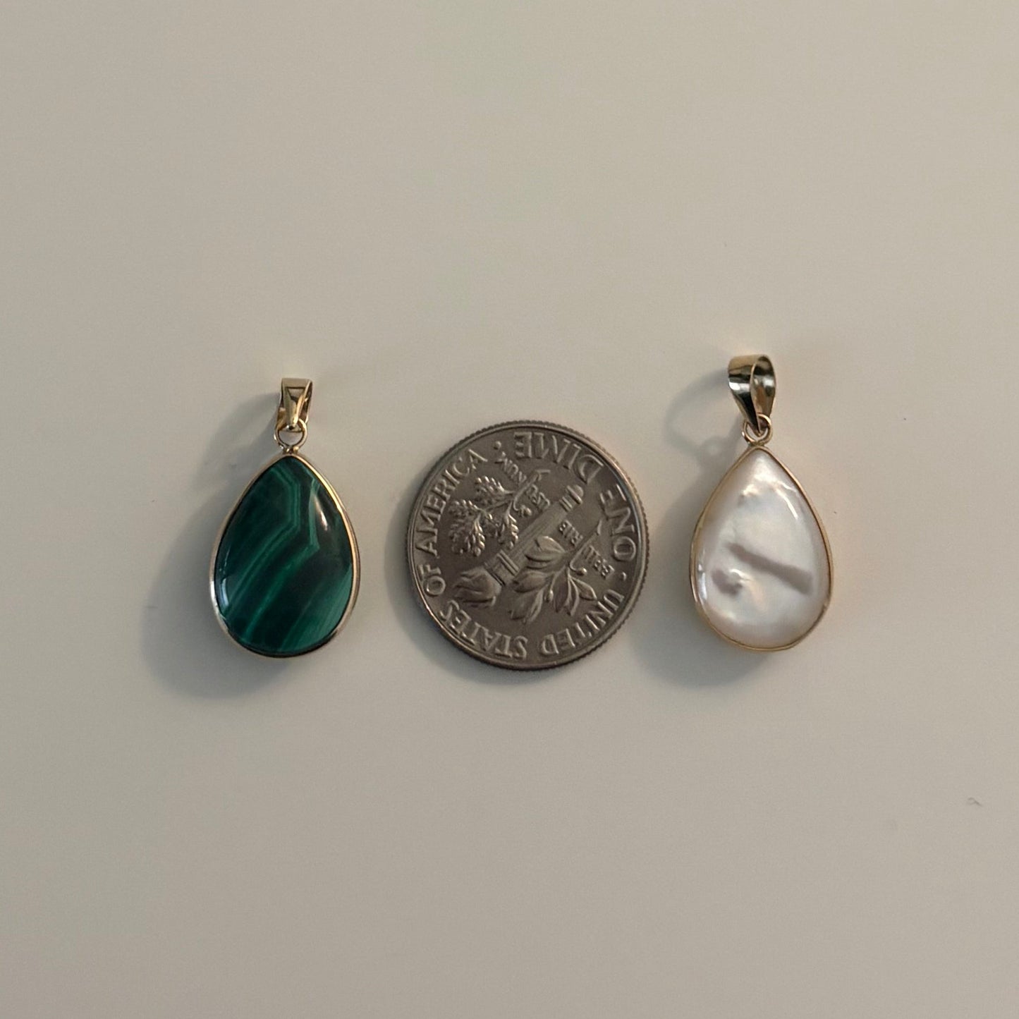 14K Gold Teardrop Malachite & Mother of Pearl Pendant