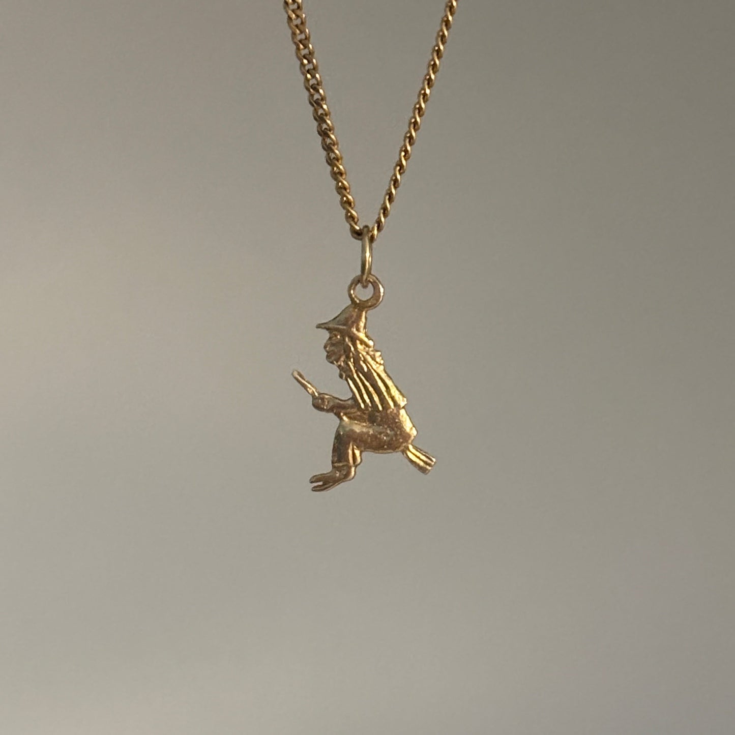 14K Solid Gold Witch on Broom Charm – Dainty Halloween Pendant