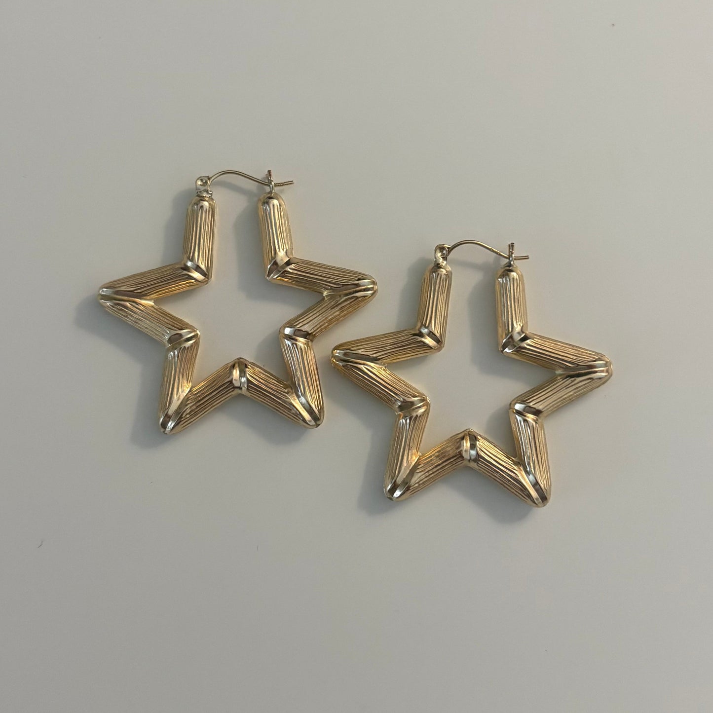 10K Gold Bamboo Star Hoop Earrings – Ribbed Hollow Design