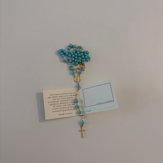 14K Gold Rosary Necklace with Turquoise Beads – Made in Italy by Luisiana