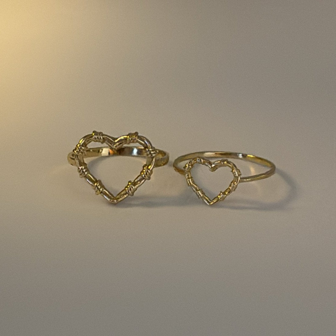 14k solid gold barbed wire heart rings