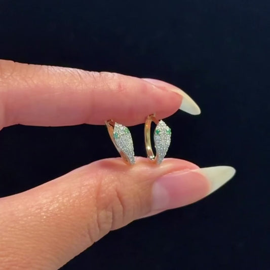14K Gold Emerald & Diamond Snake Huggie Earrings